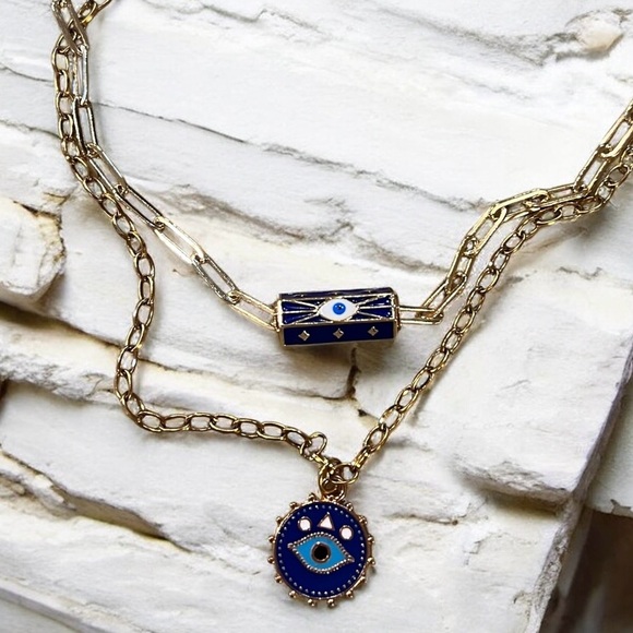 Gold toned and Blue Evil Eye Necklace Set Layer or wear alone - Picture 5 of 16